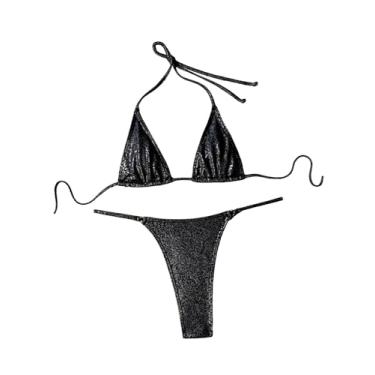 Imagem de MakeMeChic Conjunto de biquíni feminino de 2 peças com corte alto, conjunto de biquíni triangular, frente única, Preto, M