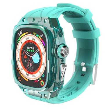 Imagem de GLuYuan Capa de relógio inteligente translúcida de luxo para Apple Watch Ultra 49 mm, capa robusta e leve totalmente envolta com pulseira, pulseira de silicone, botões de aço inoxidável, capa protetora para homens/mulheres (azul menta)