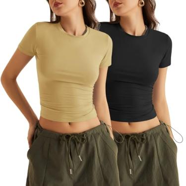 Imagem de KTILG Camisetas femininas modernas/treino/lounge, básicas, elásticas, justas, justas, PP-3GG, A_2 Pack_preto &_amarelo-natural_manga curta, GG
