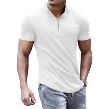 Imagem de ZIWOCH Camisetas polo masculinas com zíper slim fit de malha manga curta casual para golfe com nervuras elásticas macias, Branco, G