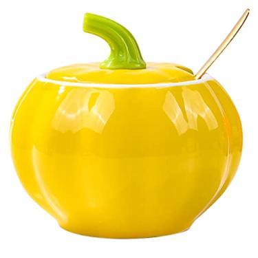 Imagem de Whitenesser Açucareiros com tampa e colheres, tigela de açúcar de cerâmica em forma de abóbora com colher de açúcar e tampa para casa e cozinha, design elegante, amarelo, 300 ml
