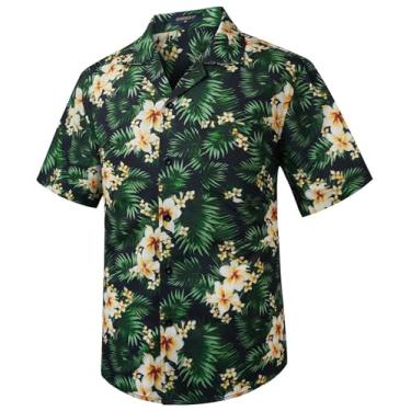 Imagem de Camisas masculinas havaianas de manga curta com botões tropicais Aloha camisa casual verão Havaí praia camisas, 11 - preto/verde/amarelo, M