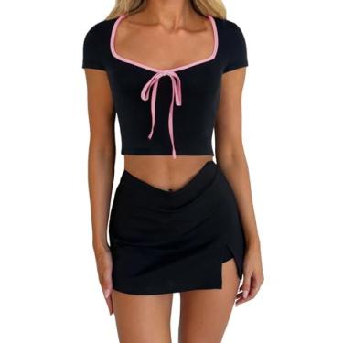 Imagem de ccuiwe Camisetas femininas de gola quadrada com laço patchwork para meninas Y2k camisetas para sair, Contraste rosa preto, P