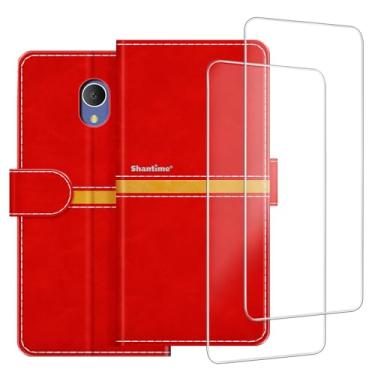 Imagem de ESACMOT Capa de telefone compatível com Alcatel 1X 2018 + [2 unidades] película protetora de tela de vidro, capa protetora magnética de couro premium para Alcatel 1X 2018 (13.5 cm) vermelha