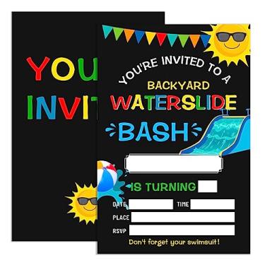 Imagem de Convites de aniversário de escorregador de água para meninos com envelopes, convites de festa de aniversário na piscina tobogã, cartões de convites de festa de aniversário de verão Splish Splash,
