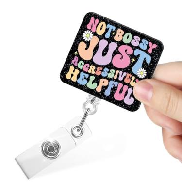 Imagem de Juoqg Carretel retrátil para crachá Not Bossy Just Aggressively Helpful Glitter com clipe jacaré, porta-crachá engraçado Snarky para médico, enfermeira, turno noturno, assistente social, voluntário,