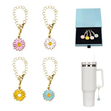 Imagem de 4 peças Stanley Cup Accessories Daisy Flower Pendant Accessories Water Cup Accessories, Stanley Cup Accessories Custom Flowers Flag Charms Pendentes para Stanley Tumblers Water Cup Handle,, liga