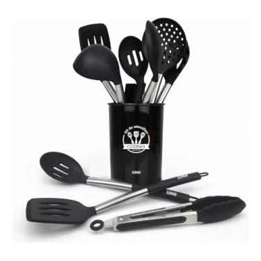 Imagem de LUMAI Conjunto de 10 Utensílios de Cozinha em Silicone com Cabo de Aço Inoxidável, Resistentes a Altas Temperaturas e Antirriscos, Ideal para Panelas Antiaderentes e Fácil de Limpar – Preto