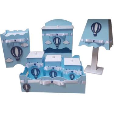 Imagem de kit higiene bebe 07 peças em mdf pintado azul bebe com apliques de bal