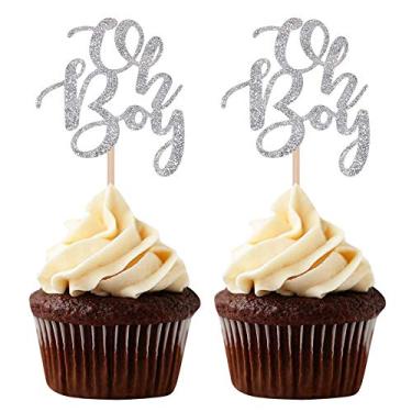 Imagem de Silver Oh Boy Cupcake Toppers Decorações de Festa Chá de Bebê Escolhas de Decoração - Conjunto de 24