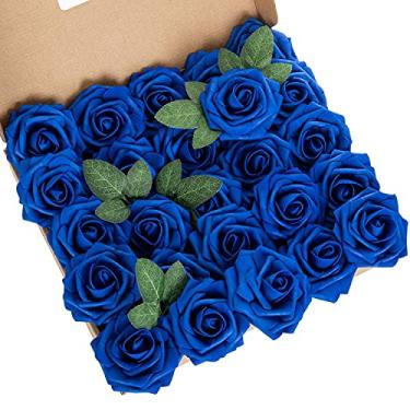 Imagem de Exoment 25 peças de flores artificiais rosas toque real rosas cabeças de flores com haste para buquês de casamento faça-você-mesmo centros de mesa arranjos de festa chá de bebê decoração de casa (azul