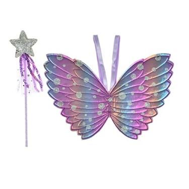 Imagem de Lucky Summer Butterfly Fairy Wings with Magic Wand Girls Princess Costume Set Glitter Photo Prop (Purple)