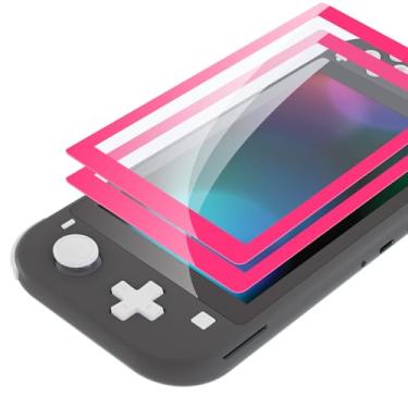 Imagem de eXtremeRate Pacote com 2 películas protetoras transparentes HD transparente com borda rosa brilhante, protetor de tela de vidro temperado para Nintendo Switch Lite [antiarranhões, antiimpressões