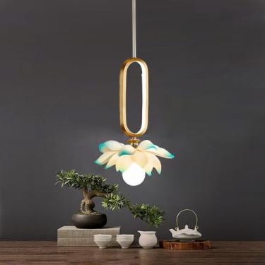 Imagem de OUFULA Luminária pendente de lótus contemporânea chinesa retrô criatividade sala de estar restaurante quarto villa hotel balcão decoração led lustre (F Blue 1 light)