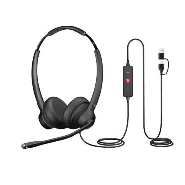 Imagem de Cyber Acoustics Fone de ouvido USB profissional (AC-404) – Cancelamento de ruído do microfone AI bloqueia todo o ruído de fundo para ouvintes, garante chamadas claras, conexão USB-C ou USB-A, bolsa de