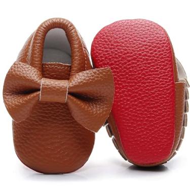 Imagem de Bebila Mocassins de bebê com franjas de laço duplo - Sapatos de bebê com sola macia para meninas e crianças pequenas, Marrom, 0-3 Months Toddler