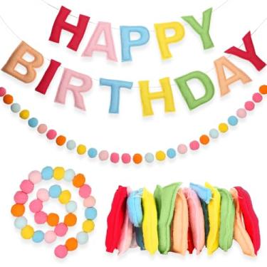 Imagem de Faixa pastel de feliz aniversário - guirlanda de bola de feltro - Guirlanda de feliz aniversário, sinal de feliz aniversário para decoração de aniversário, decoração de festa, adereço de foto