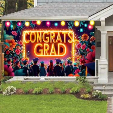 Imagem de Congrats – Pano de fundo para formatura e formatura com flores coloridas tropicais havaianas coloridas para decoração de festa de formatura