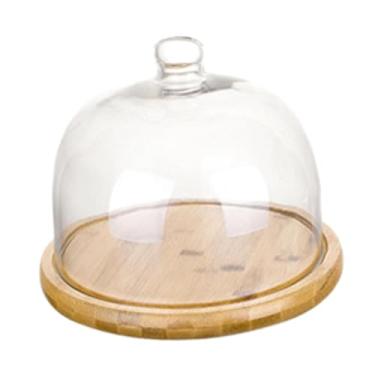 Imagem de IEUDNS Suporte de bolo de bambu com cúpula de vidro, bandeja de servir bolo, prato de exibição de pastelaria, suporte de placa para de férias, pequeno