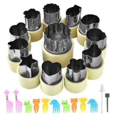 Imagem de SKIDEC Conjunto de formas de cortador de legumes, 12 peças de aço inoxidável, mini tamanhos, cortadores de biscoitos, molde de carimbos de frutas e 10 mini garfos de frutas para crianças, acessórios