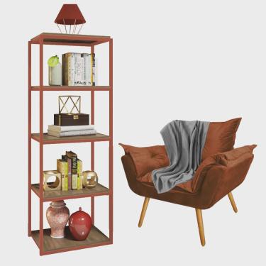 Imagem de Kit Poltrona Fatte com Manta Soft Cinza e Estante Livreiro Ferro Bronze mdf Rústico Sue...