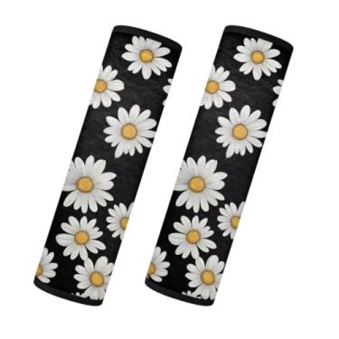 Imagem de TOADDMOS Capa de cinto de segurança branca margarida conjunto de 2 capas de cinto de segurança para carro decorativas universais difusas e fofas protegem seu pescoço e ombro da fricção do cinto de