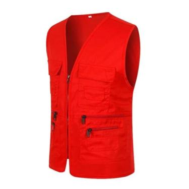 Imagem de Colete De Pesca Casual Masculino, Colete Sem Mangas Para Caça Ao Ar Livre Fotografia E Pesca Com Vários Bolsos, Jaqueta À Prova De Vento Com Zíper E Forro Da Moda, Para Escalada(Red,3X-Large)
