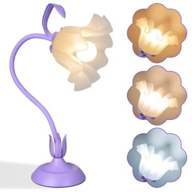 Imagem de Loxphyn Luminária De Mesa De Cabeceira Vintage Com Flores, 3 Modos De Cor Com Lâmpada E26, Pequena Luminária De Mesa Led Exclusiva Com Pescoço De Ganso Para Sala De Estar, Luz Noturna Moderna Para D