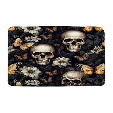 Imagem de ZWSMZW Tapete de banho de Halloween crânio floral gótico esqueleto vintage flores silvestres borboleta arte hippie preto amarelo lavável espuma de memória tapete decoração de banheiro tapetes de