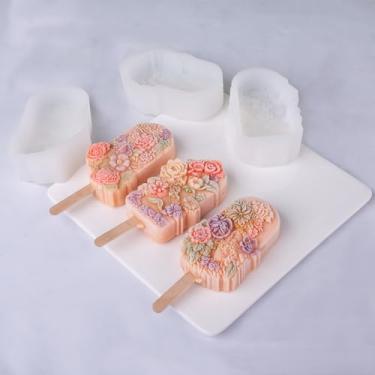 Imagem de HOMYCOCO Conjunto de 3 moldes de sorvete de flores desabrochando, moldes de picolé de silicone para guloseimas congeladas caseiras, silicone de grau alimentício de fácil liberação e máquina de sorvete