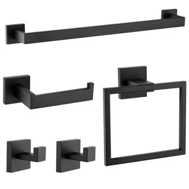 Imagem de Taucent Conjunto de ferragens de banheiro preto fosco, barra de toalha de 5 peças de 40,6 cm de aço inoxidável 304, gancho para casaco, kit de acessórios de banheiro, quadrado montado na parede