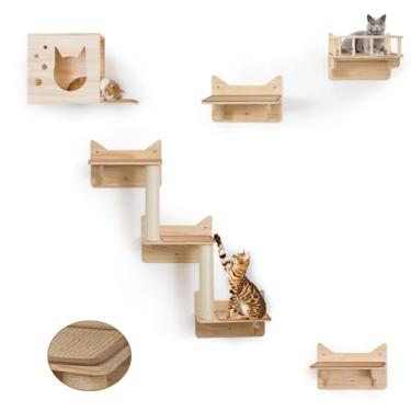 Imagem de MIUZMORE Conjunto de 9 prateleiras para gatos montadas na parede, casa para gatos, torre de vigia, 2 postes de arranhar de sisal, escada de parede de 5 degraus, tapete de sisal, extra largo e longo