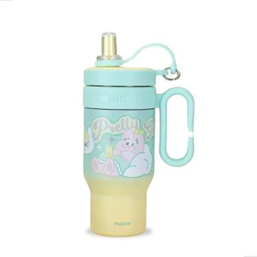 Imagem de Copo Térmico Infantil 900ml com Canudo Retrátil, Tampa Protetora, Parede Dupla, Alça Lateral, Copo com Canudo Antivazamento, Ideal para Escola, Passeios e Viagem (p1802) (Amarelo)