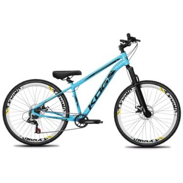 Imagem de Bike Aro 26 KOG Para Grau em Alumínio com Relação 1x7 Marchas Estilo Freeride Rebaixada com Aros Vmaxx Coloridos Pedivela 34D e Suspensão de 80mm de Curso,Azul Piscina Preto Branco