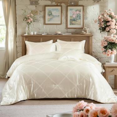 Imagem de Chumerry Conjunto de edredom queen de cetim branco, plissado, listrado, diamante, seda, luxuoso, sedoso, cama queen size