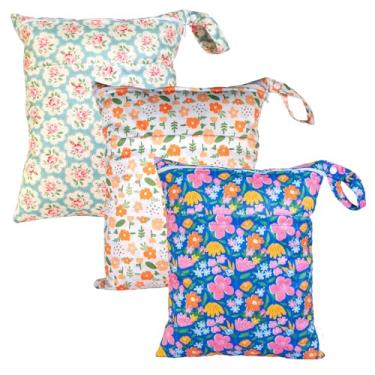 Imagem de Kawigo Bolsa Seca E Molhada Reutilizável À Prova D'Água Para Natação, Viagem, Praia, Piscina, Ioga, Academia, Fraldas De Pano Bebês, Maiôs, Roupas, Dois Bolsos Com Zíper, Pacote 3, Floral 3L09