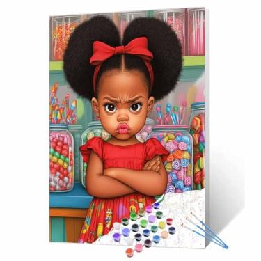 Imagem de Tucocoo African Girl Paint by Number Pouty Little Afro Bun Girl Kits de pintura em tela com pincéis, tintas acrílicas coloridas para loja de doces, pintura por números, para adultos, iniciantes, 40,6