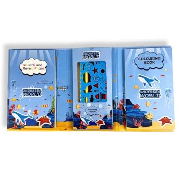 Imagem de Kit Criativo de Colorir 4 Temas Espaço, Dinossauros, Coelhinhos e Fundo do Mar com Lápis de Cor Régua de Desenho e Bloco Mágico Volta as Aulas Escolar Infantil (Azul Fundo do Mar)