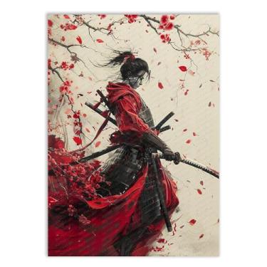 Imagem de Placa Decorativa Mulher Samurai Sacando Espada Katana Pétalas Vermelhas Decoração Poster Quarto Sala