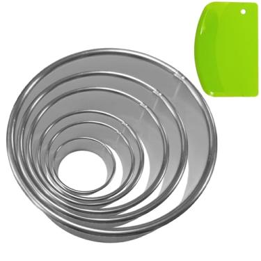 Imagem de Conjunto de 7 cortadores de biscoito redondos com raspadores, conjunto de 6 peças de cortador de biscoito de aço inoxidável (2, 3, 9, 10, 15, 15 cm) com raspador de massa de plástico verde