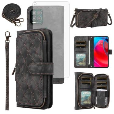 Imagem de Capa de celular para Motorola Moto G Stylus 5G 2021 capa de celular carteira com protetor de tela de vidro temperado alça transversal alça flip suporte zíper bolsa porta-cartão slot GStylus G5