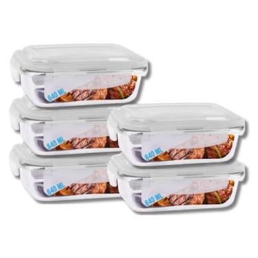 Imagem de Kit 5 Potes Tampa Hermetica 4 Travas Retangular Vidro 640ml - Casa Lin