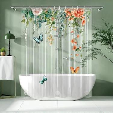 Imagem de Forro de cortina de chuveiro de borboleta floral colorida transparente, plástico bonito rosa e flor laranja verde eucalipto cortinas de chuveiro para banheiro, conjunto de cortina de chuveiro