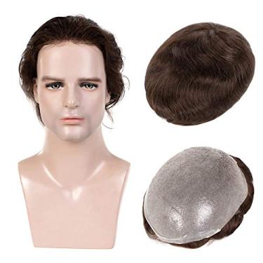 Imagem de Peruca masculina Toupee de cabelo humano macio e fino com sistema de cabelo humano virgem europeu com laço em V, peruca de substituição para homens 0,04 mm, cabelo liso 20,04 x 25,4 cm, densidade 110% marrom escuro #2 cor da Amiable