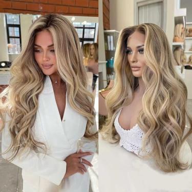 Imagem de Peruca com 220% densidade Balayage com destaque, loiro acinzentado, frente de renda, cabelo humano ondulado, cabelo humano ombré, 33 x 10 cm, perucas de renda transparente UHD feitas à mão 613