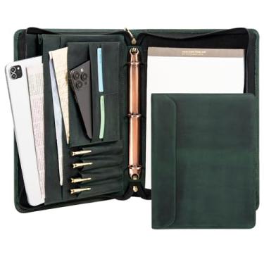 Imagem de AZXCG Padfolio para homens, organizador de documentos de couro com 3 fichários, suporte de currículo de bloco legal, pasta de fichário de trabalho, 3 anéis com zíper, verde, presente para homens/dia