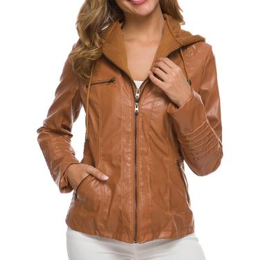 Imagem de Moda Jaqueta De Couro Feminina, Capuz Removível Algodão Shacket Jacket Mulheres, Brown, M