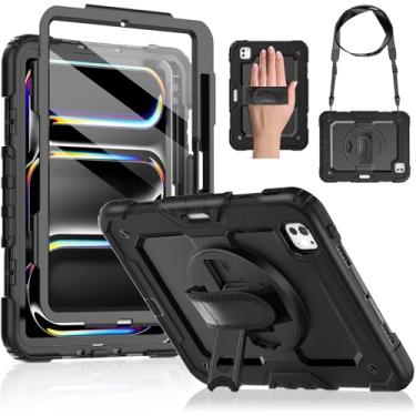 Imagem de DUNNO Capa para iPad Pro de 11 polegadas M4 2024 5ª geração, capa à prova de choque com protetor de tela, suporte para lápis, suporte giratório de 360°, alça ajustável de mão e ombro (preto)