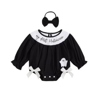 Imagem de Santikisler Macacão de manga comprida para bebês recém-nascidas, primeiro dia das bruxas, bordado, fantasma, body de bolha, faixa de cabeça, Preto, 0-3 Months