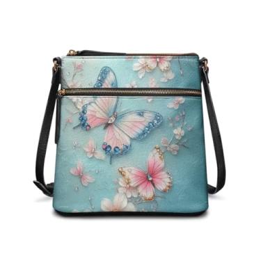 Imagem de Sannovo Bolsa Hobo Feminina de Couro com Alça de Ombro Ajustável e Bolsos com Zíper, Estampa floral de borboleta azul